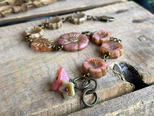 Pink & Cream Czech Glass Flower Bracelet. Vintage Style Boho Floral Jewellery. Handmade Gift for Flower Lover