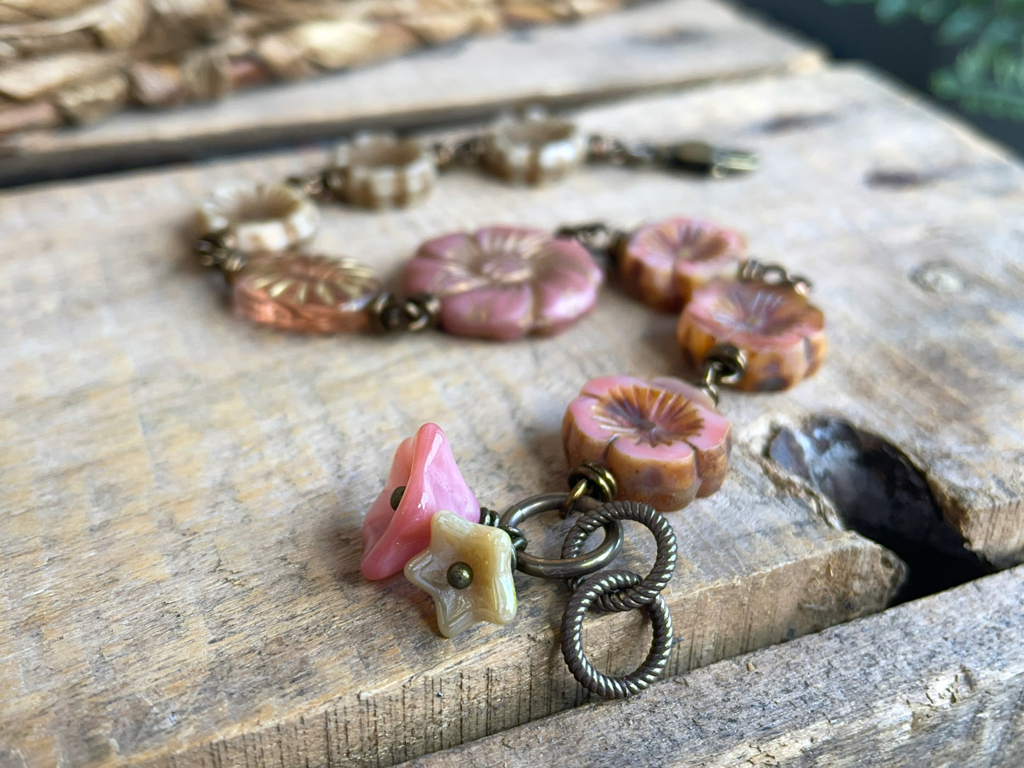 Pink & Cream Czech Glass Flower Bracelet. Vintage Style Boho Floral Jewellery. Handmade Gift for Flower Lover