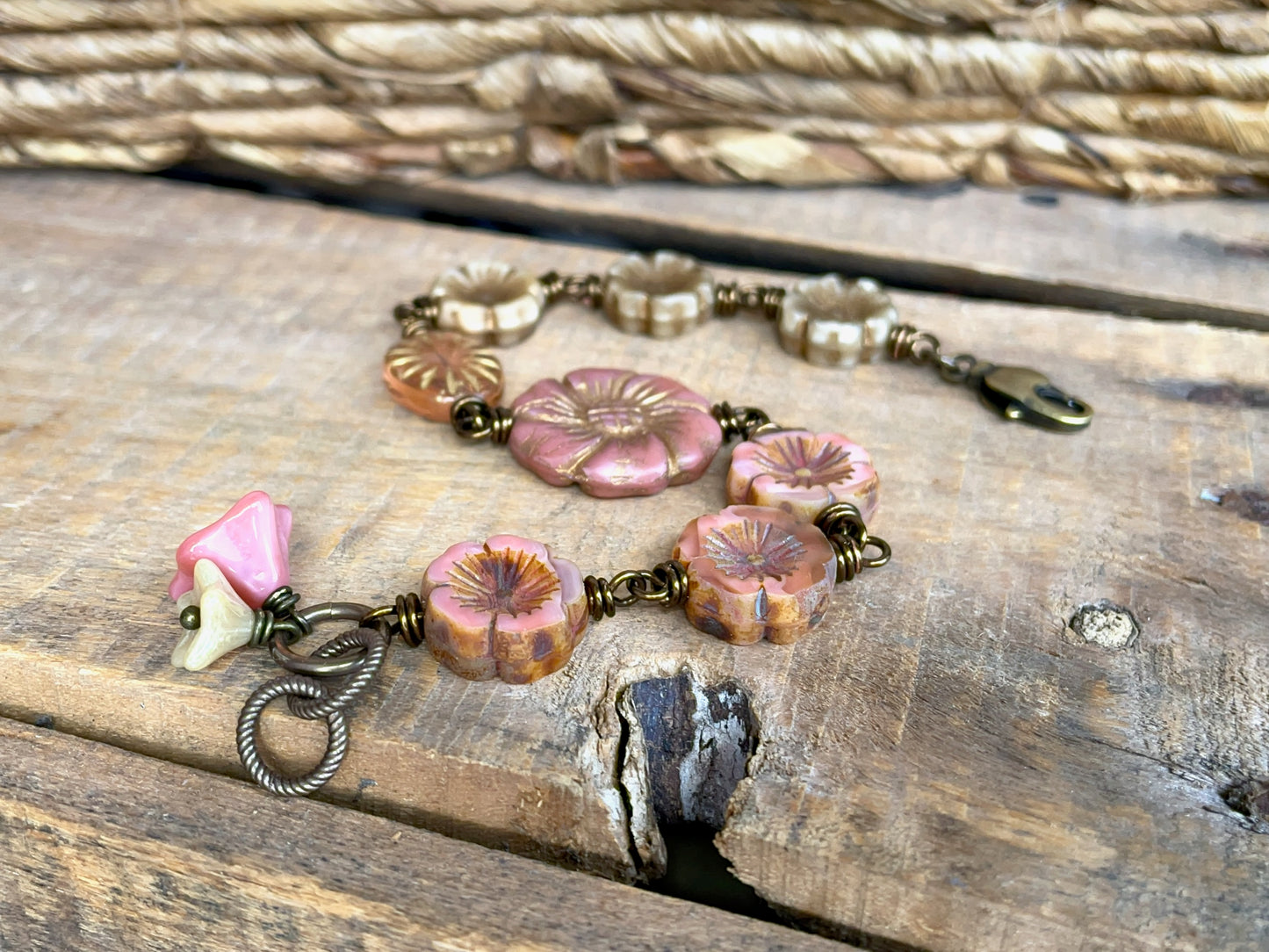 Pink & Cream Czech Glass Flower Bracelet. Vintage Style Boho Floral Jewellery. Handmade Gift for Flower Lover