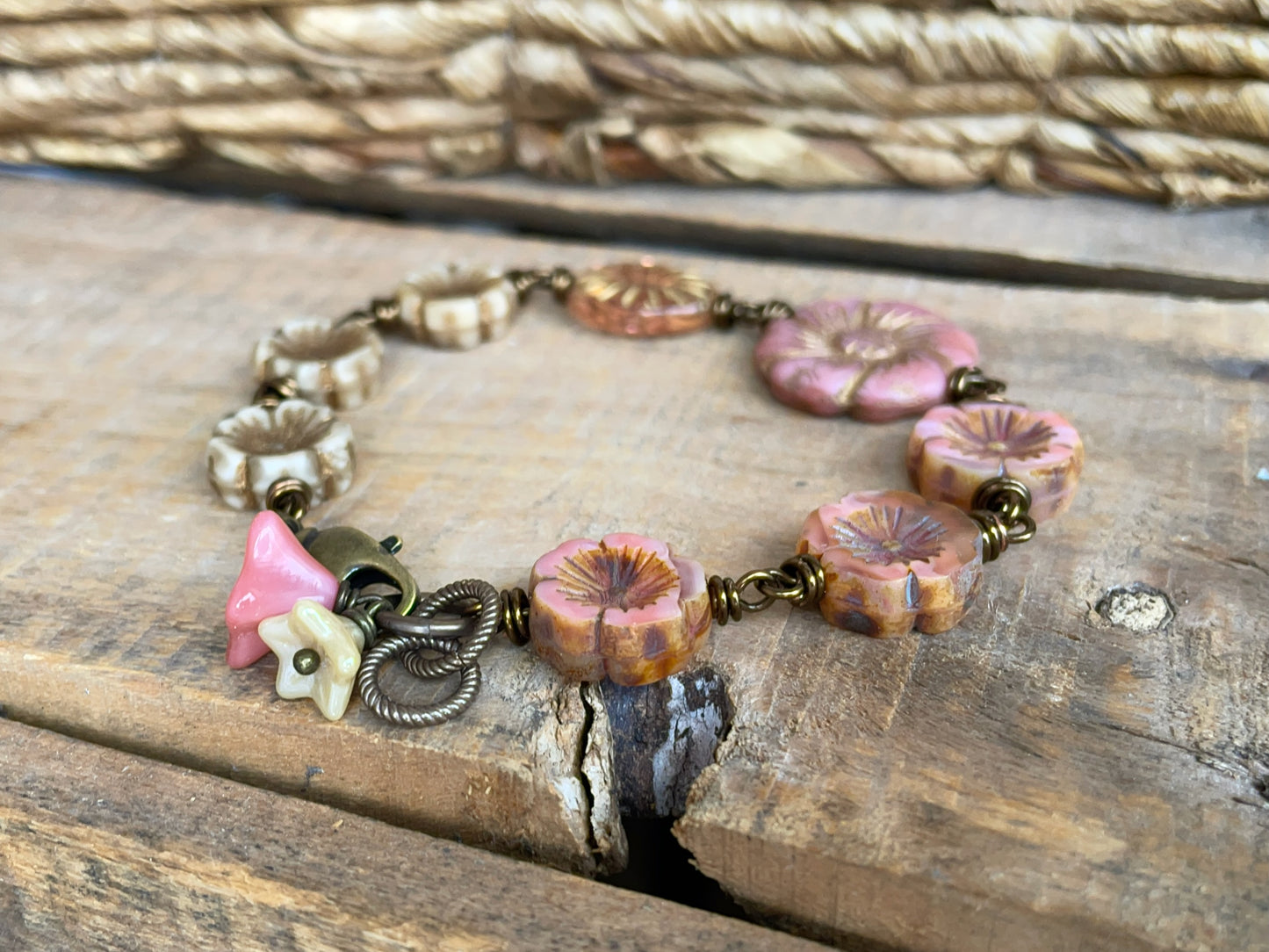 Pink & Cream Czech Glass Flower Bracelet. Vintage Style Boho Floral Jewellery. Handmade Gift for Flower Lover