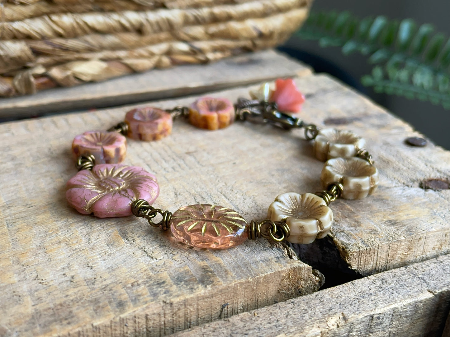 Pink & Cream Czech Glass Flower Bracelet. Vintage Style Boho Floral Jewellery. Handmade Gift for Flower Lover