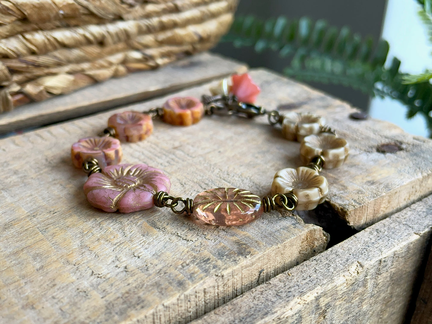 Pink & Cream Czech Glass Flower Bracelet. Vintage Style Boho Floral Jewellery. Handmade Gift for Flower Lover