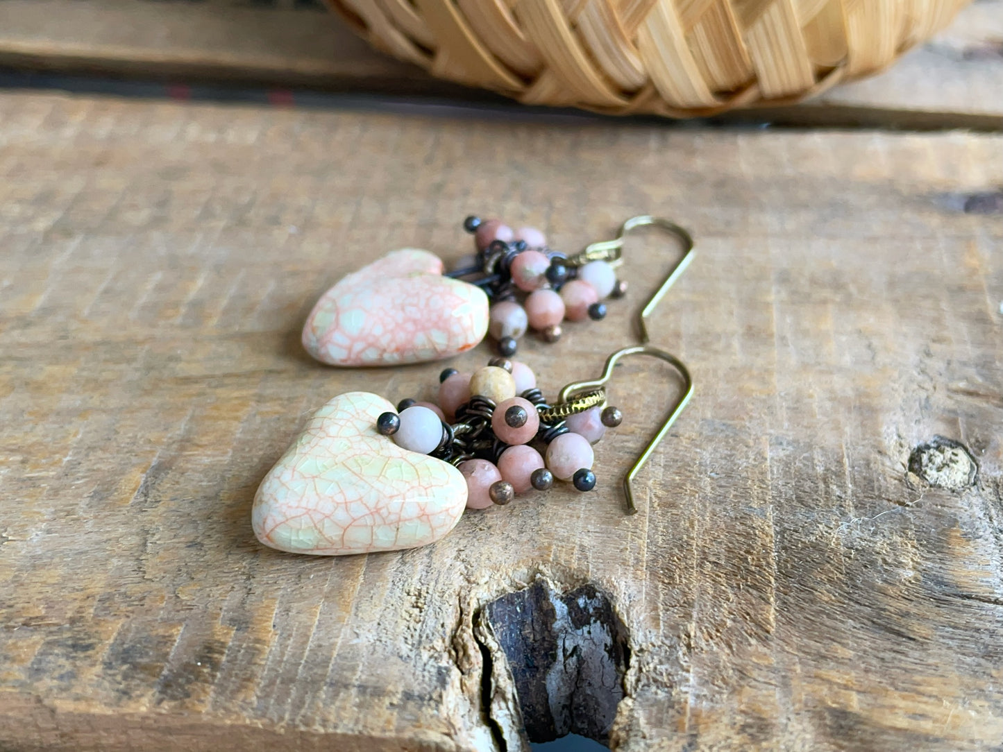 Blush Heart Earrings. Ceramic Heart Earrings with Pink Jasper Beads. Handmade Artisan Jewellery