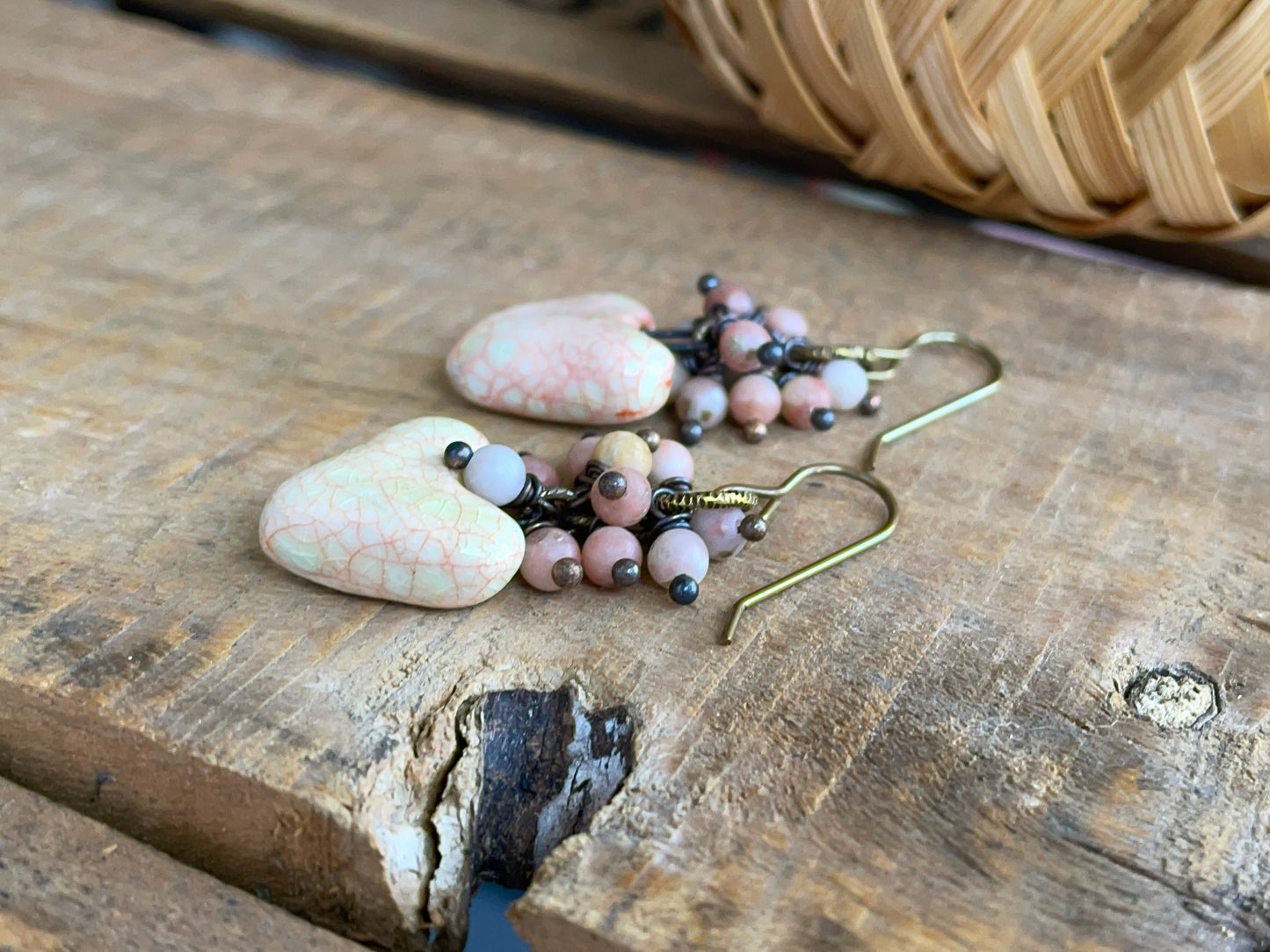Blush Heart Earrings. Ceramic Heart Earrings with Pink Jasper Beads. Handmade Artisan Jewellery