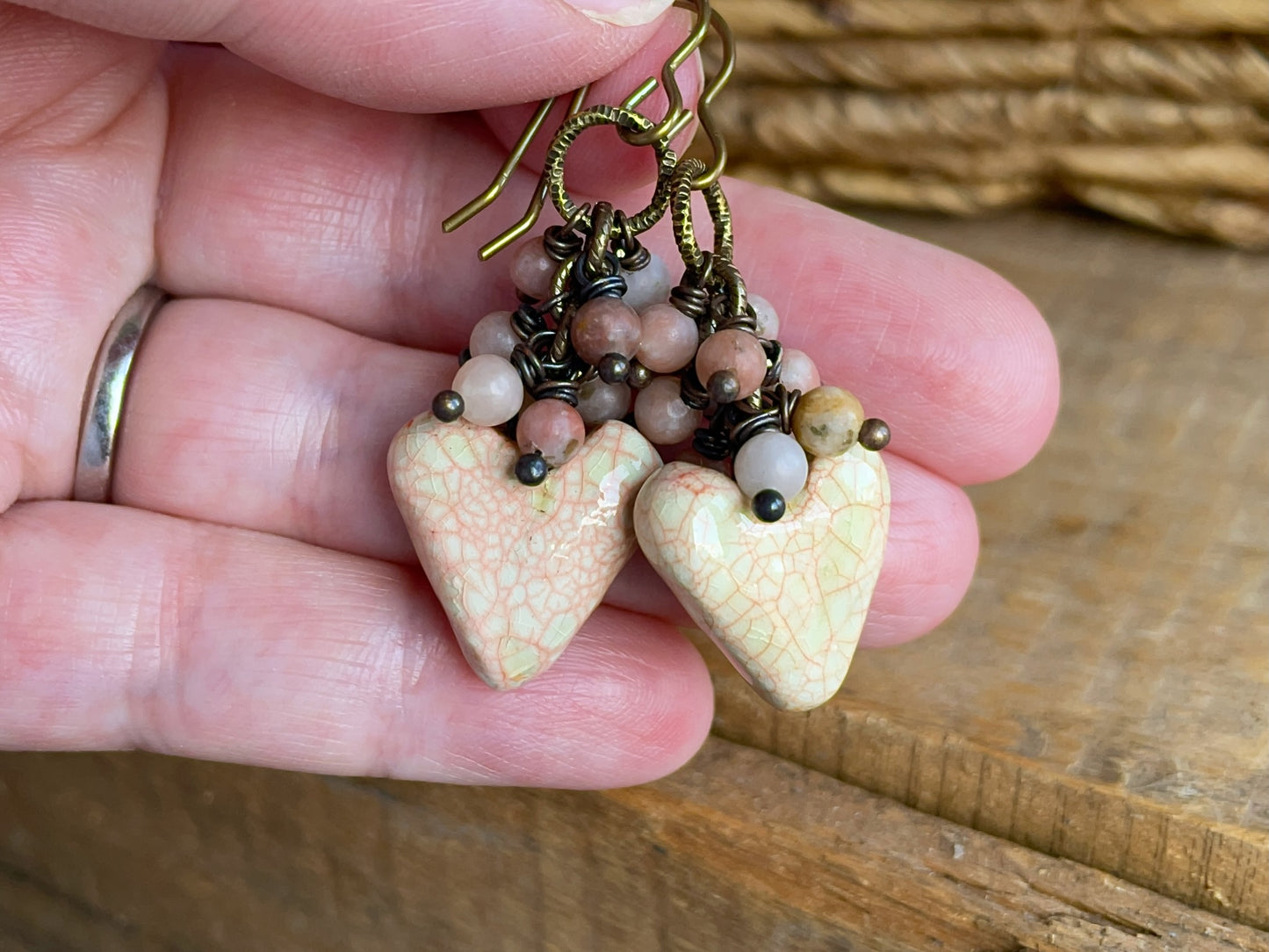 Blush Heart Earrings. Ceramic Heart Earrings with Pink Jasper Beads. Handmade Artisan Jewellery