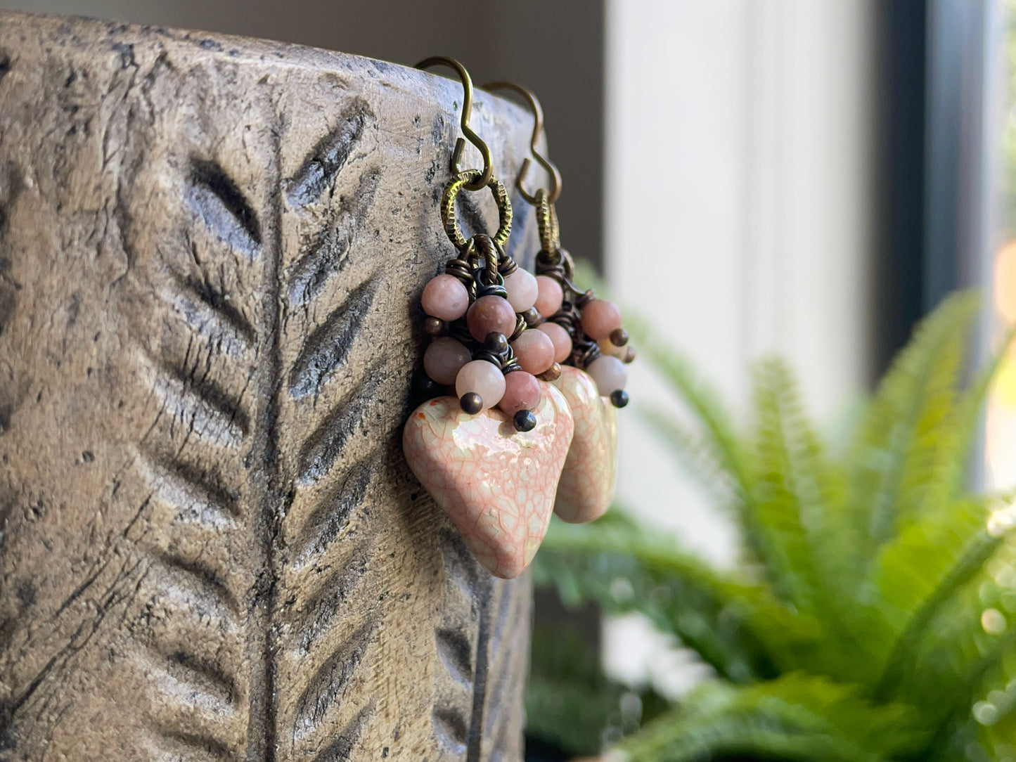 Blush Heart Earrings. Ceramic Heart Earrings with Pink Jasper Beads. Handmade Artisan Jewellery