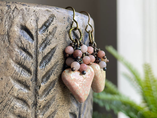 Blush Heart Earrings. Ceramic Heart Earrings with Pink Jasper Beads. Handmade Artisan Jewellery