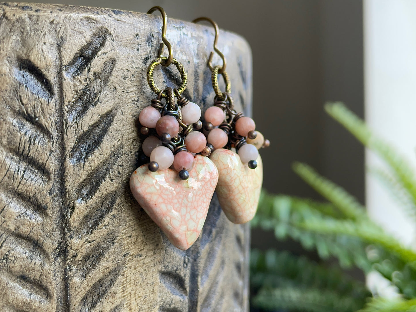 Blush Heart Earrings. Ceramic Heart Earrings with Pink Jasper Beads. Handmade Artisan Jewellery