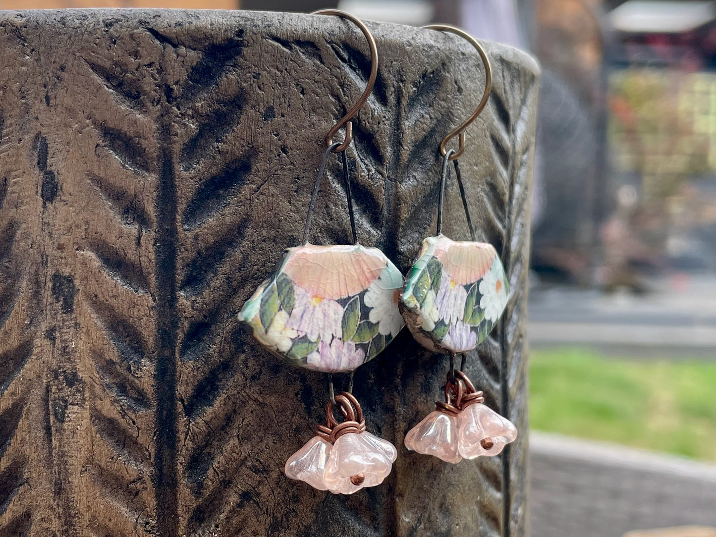 Floral Ceramic Earrings. Vintage Style Fan Earrings. Handmade Statement Jewellery