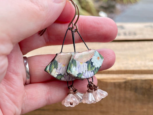 Floral Ceramic Earrings. Vintage Style Fan Earrings. Handmade Statement Jewellery