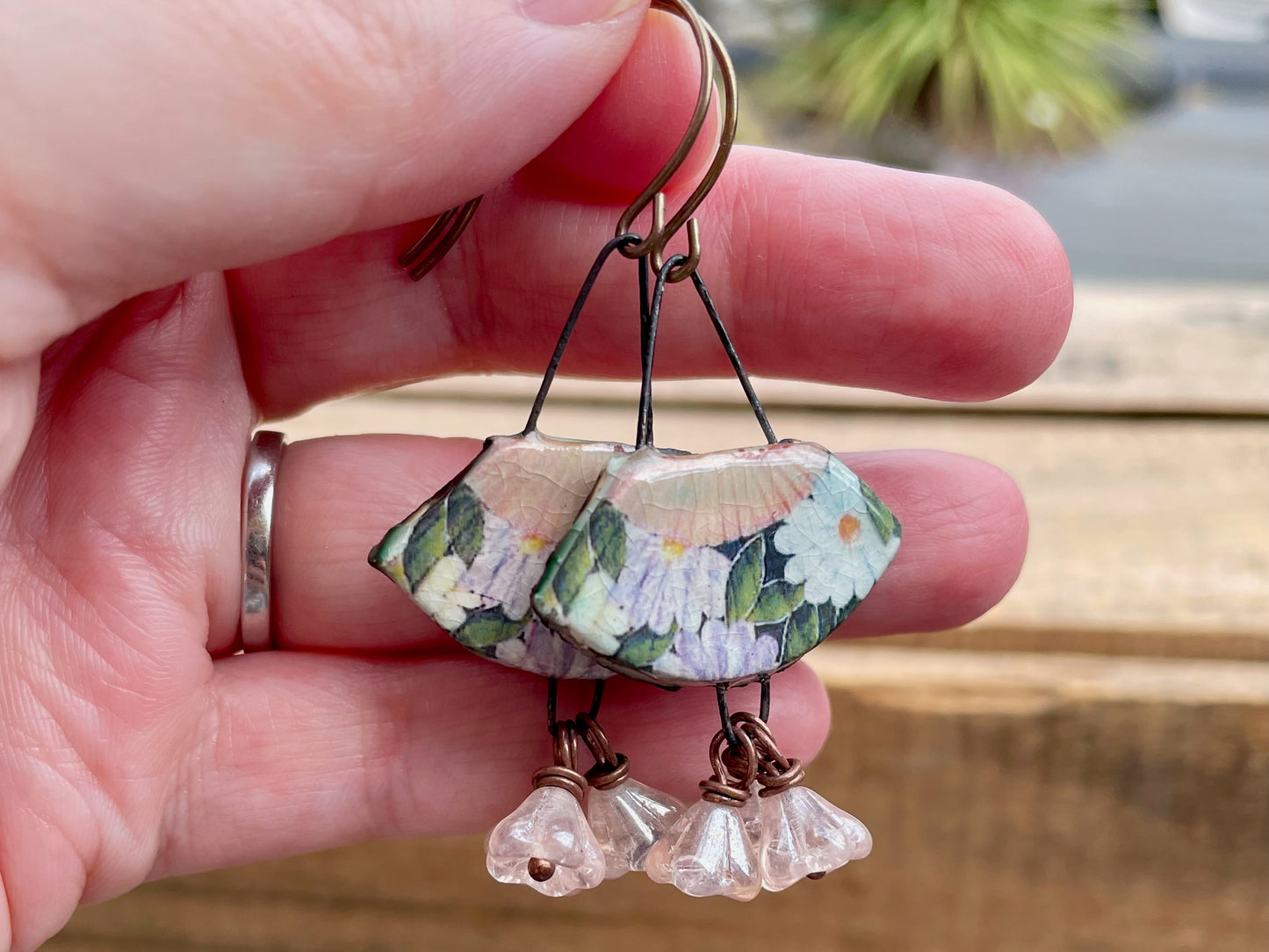 Floral Ceramic Earrings. Vintage Style Fan Earrings. Handmade Statement Jewellery