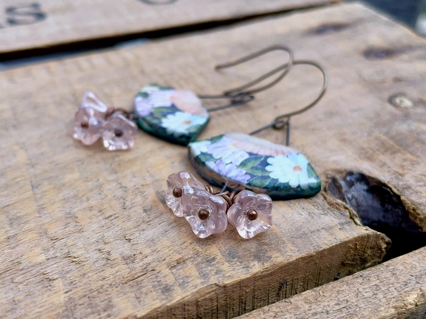 Floral Ceramic Earrings. Vintage Style Fan Earrings. Handmade Statement Jewellery