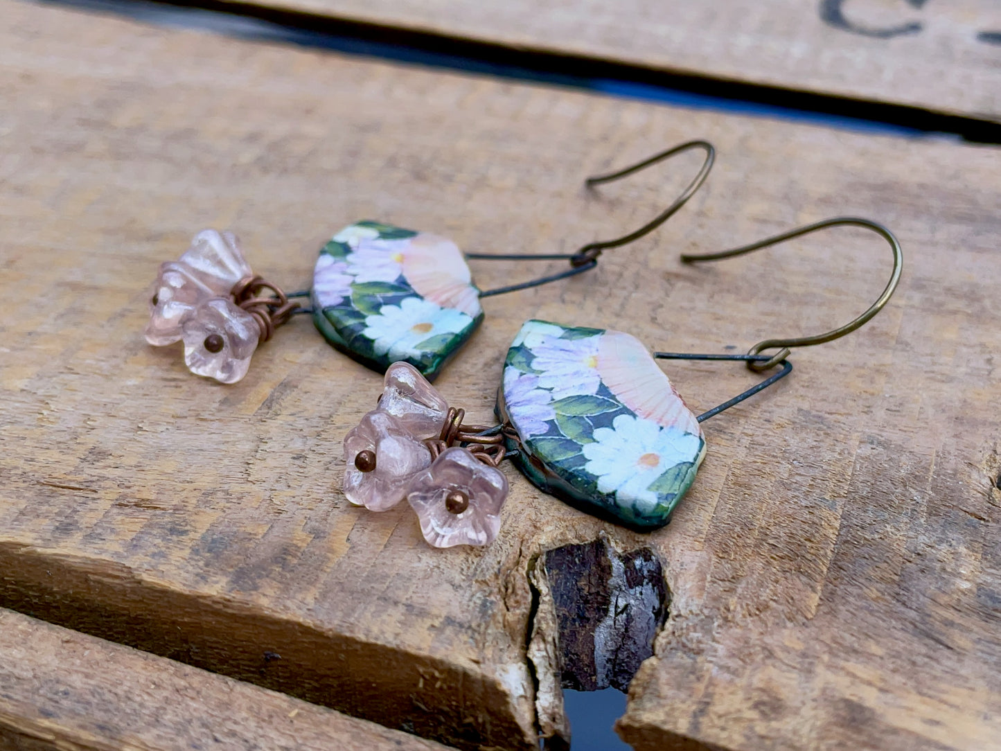 Floral Ceramic Earrings. Vintage Style Fan Earrings. Handmade Statement Jewellery