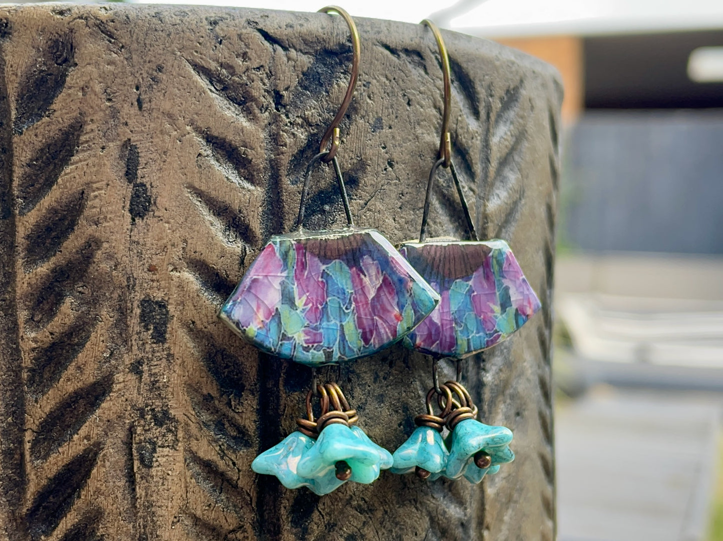Handmade Ceramic Earrings. Vintage Style Fan Earrings with Aqua Glass Flowers