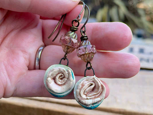 Handmade Ceramic Rose Earrings. Rustic Floral Earrings with Czech Glass Beads. One of a Kind Artisan Jewellery