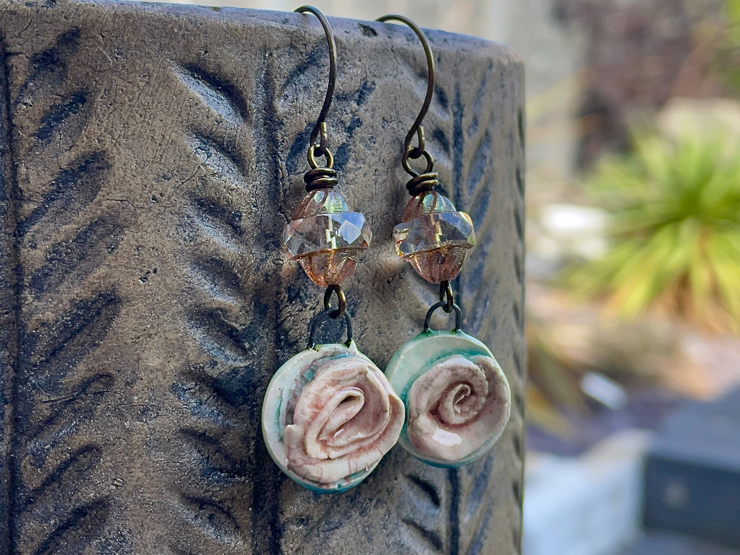 Handmade Ceramic Rose Earrings. Rustic Floral Earrings with Czech Glass Beads. One of a Kind Artisan Jewellery