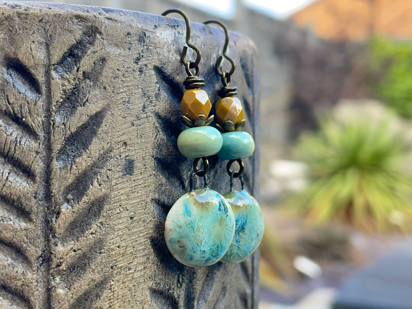 Rustic Yellow & Green Ceramic Dangle Earrings - Artisan Crafted Pottery Jewellery