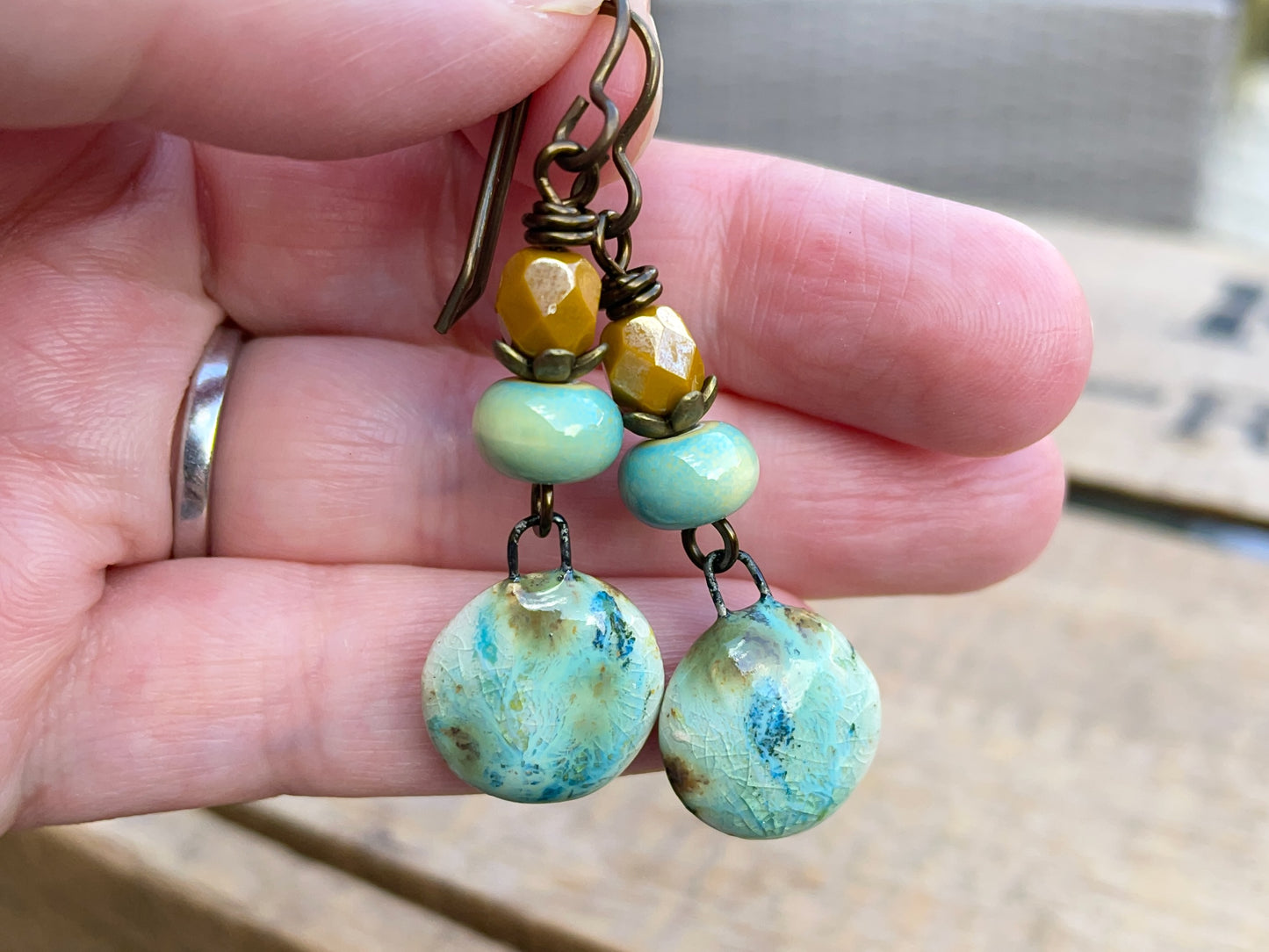 Rustic Yellow & Green Ceramic Dangle Earrings - Artisan Crafted Pottery Jewellery