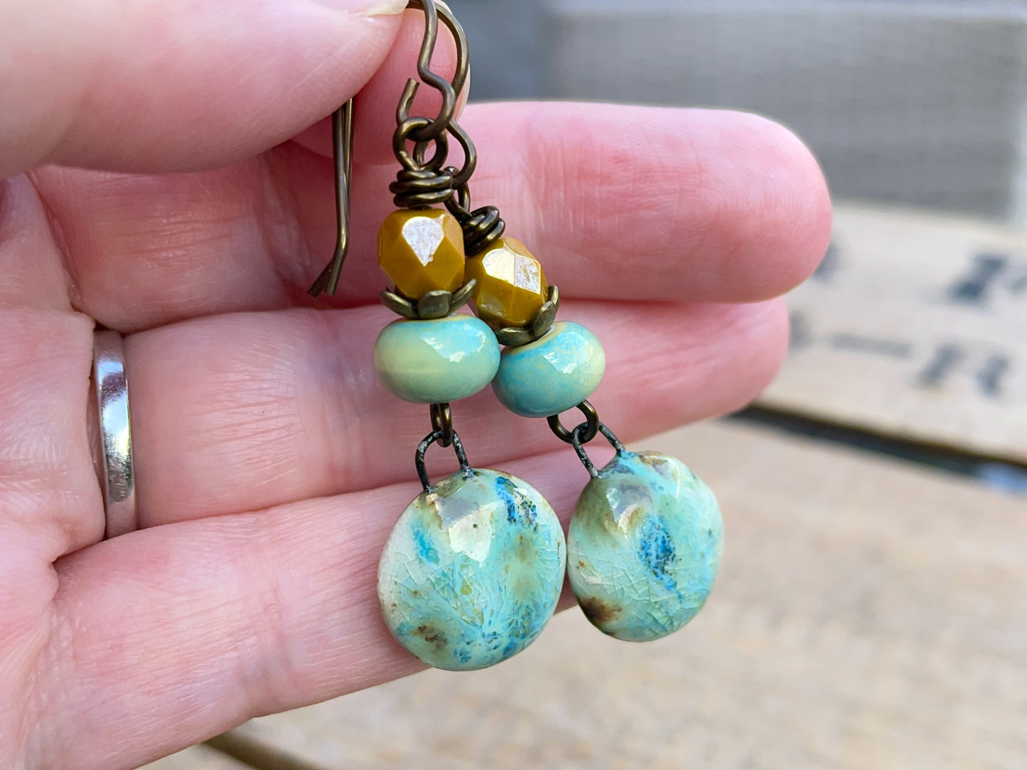 Rustic Yellow & Green Ceramic Dangle Earrings - Artisan Crafted Pottery Jewellery