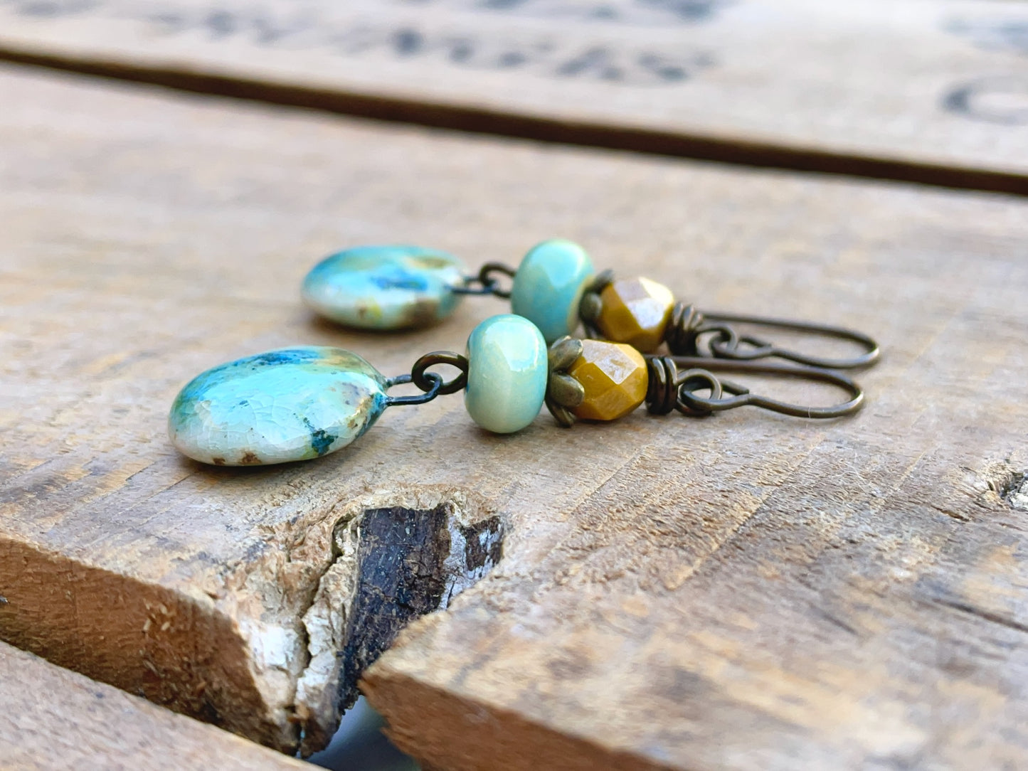 Rustic Yellow & Green Ceramic Dangle Earrings - Artisan Crafted Pottery Jewellery