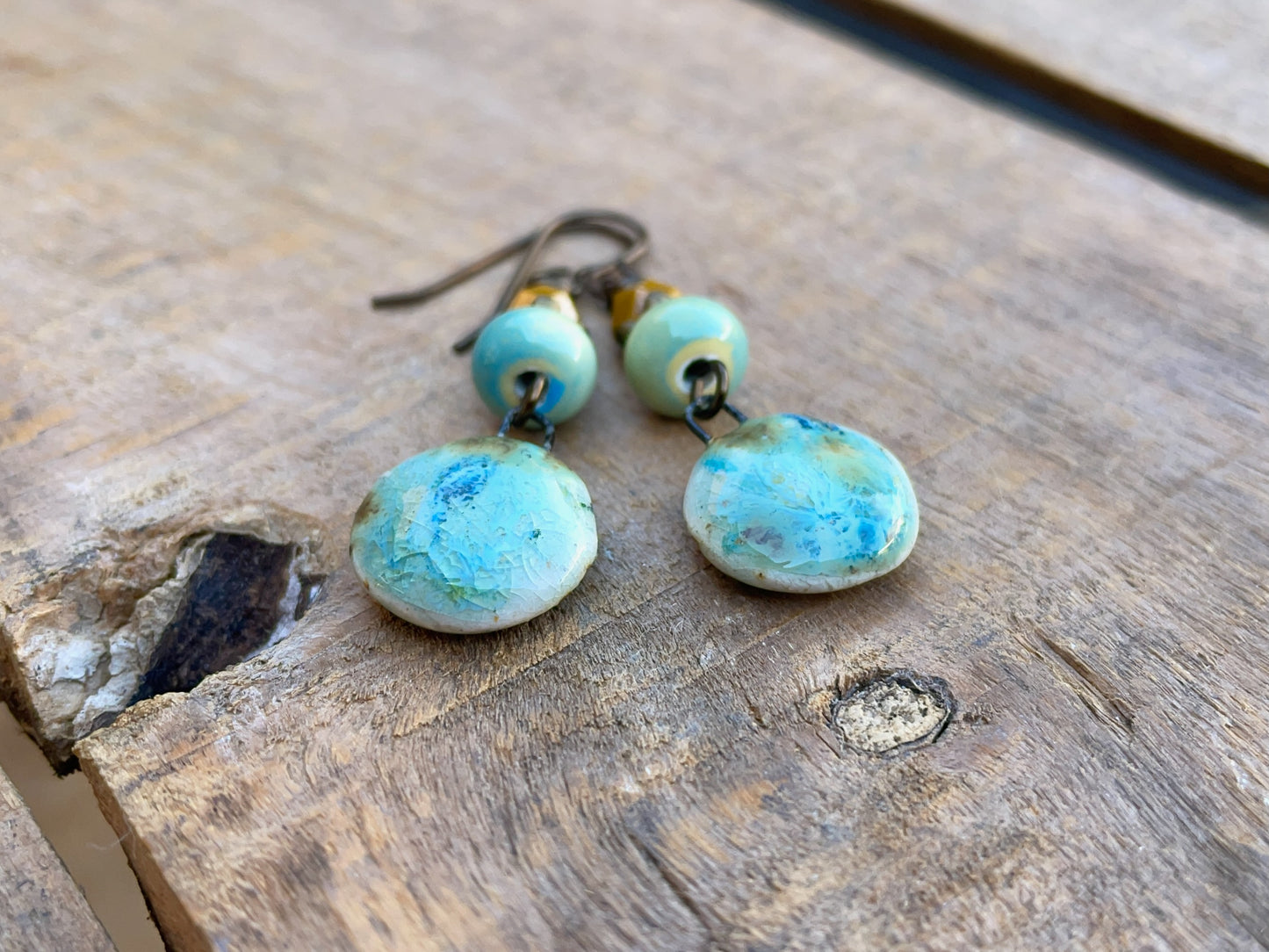 Rustic Yellow & Green Ceramic Dangle Earrings - Artisan Crafted Pottery Jewellery