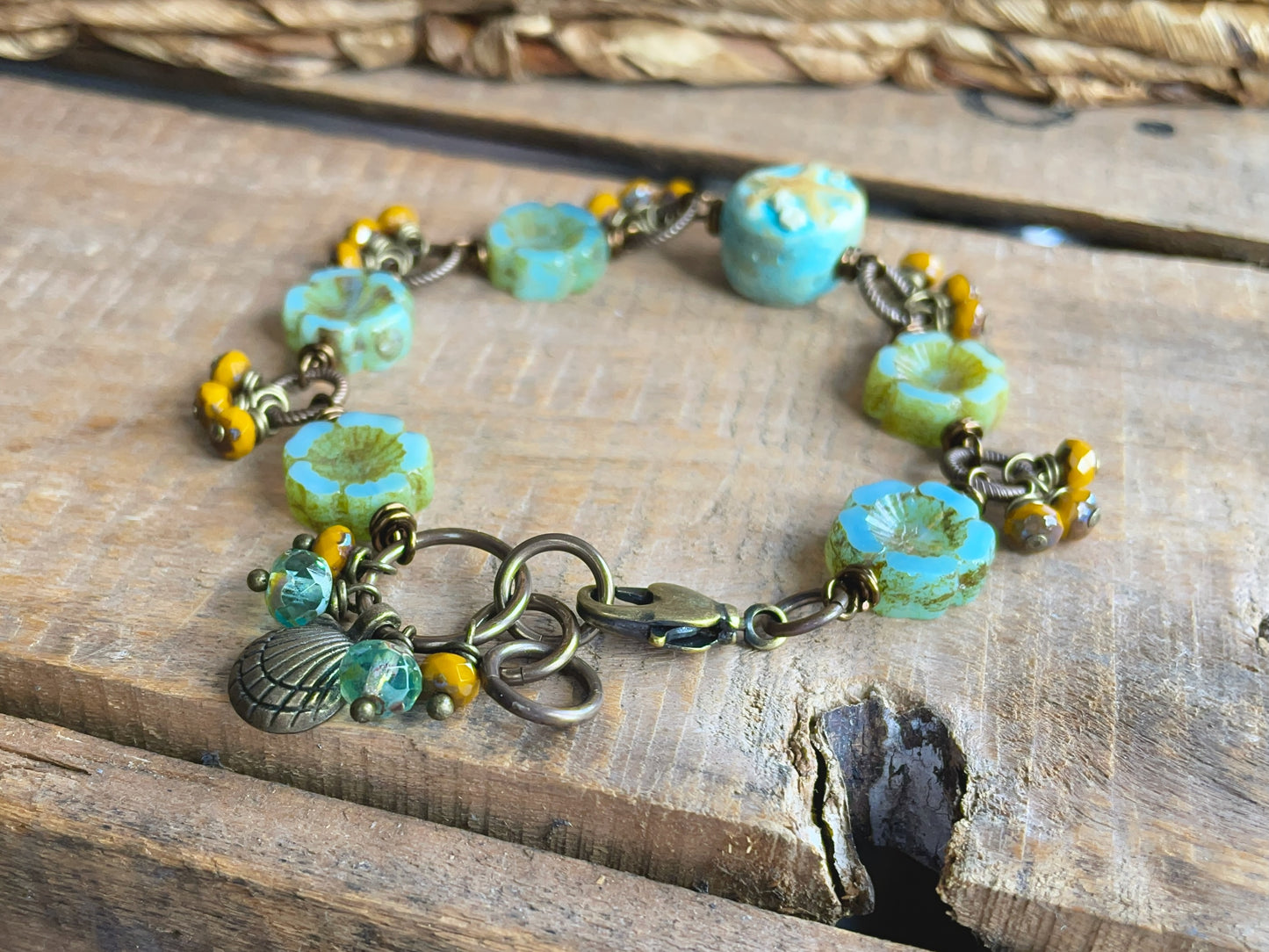 Ocean Inspired Bracelet with Seafoam Green Polymer Clay Bead | Coastal Handmade Czech Glass Jewellery