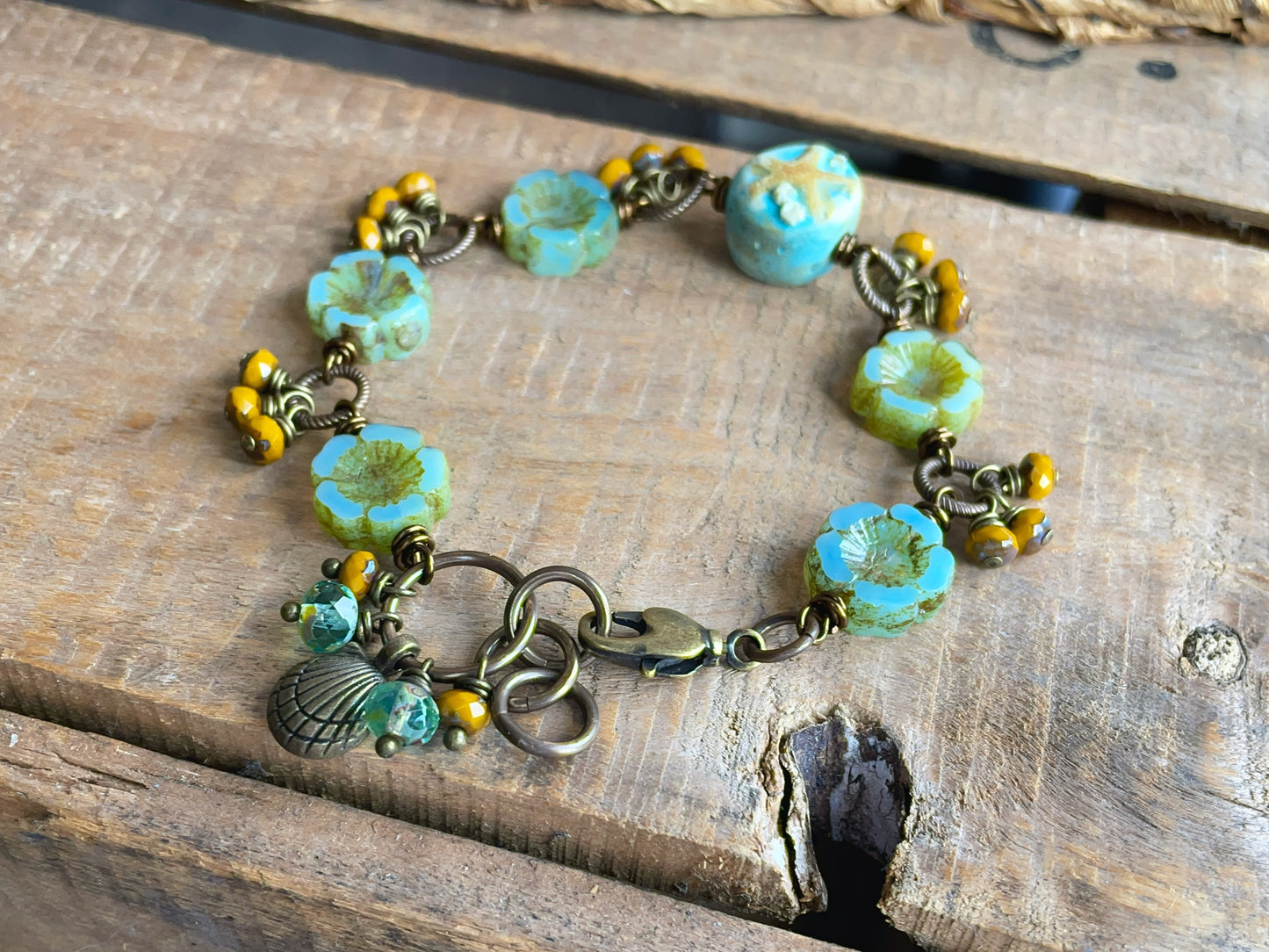 Ocean Inspired Bracelet with Seafoam Green Polymer Clay Bead | Coastal Handmade Czech Glass Jewellery