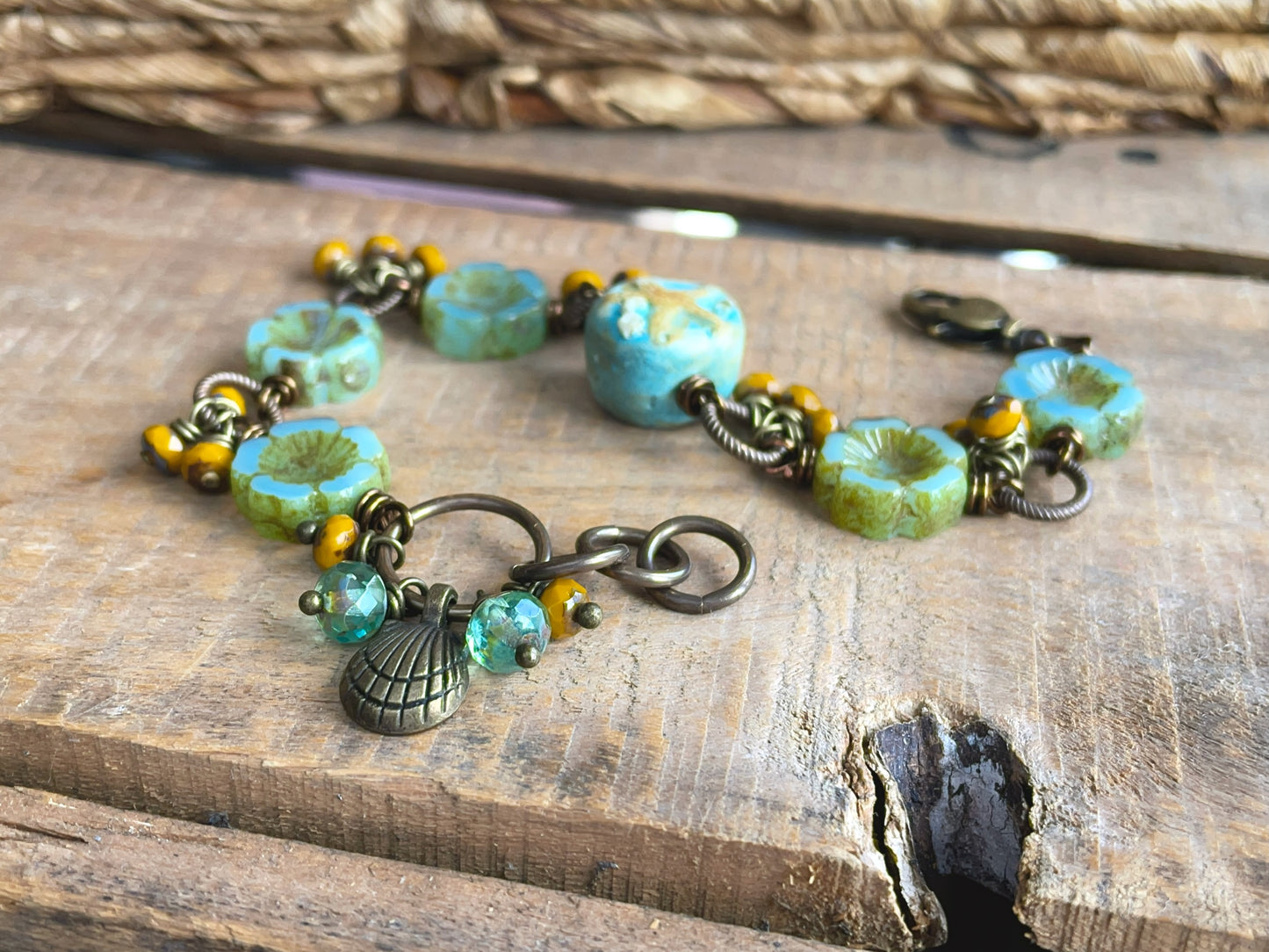 Ocean Inspired Bracelet with Seafoam Green Polymer Clay Bead | Coastal Handmade Czech Glass Jewellery