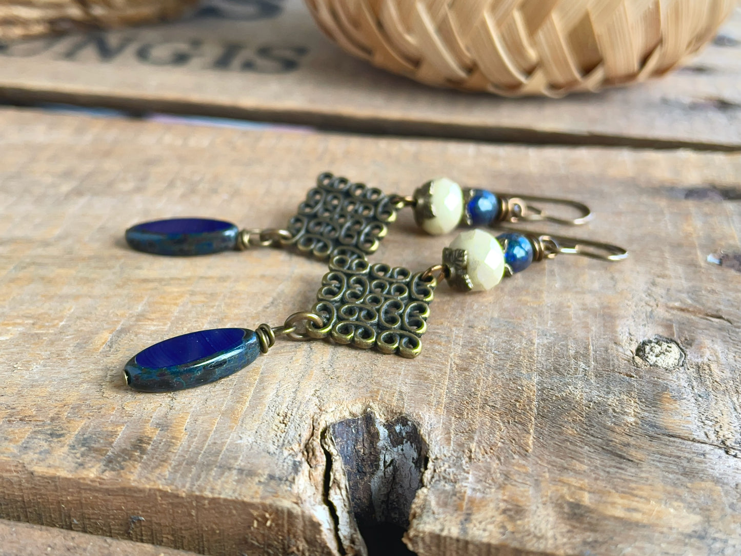 Navy Blue Czech Glass Marquise Earrings | Long & Elegant Handmade Jewellery