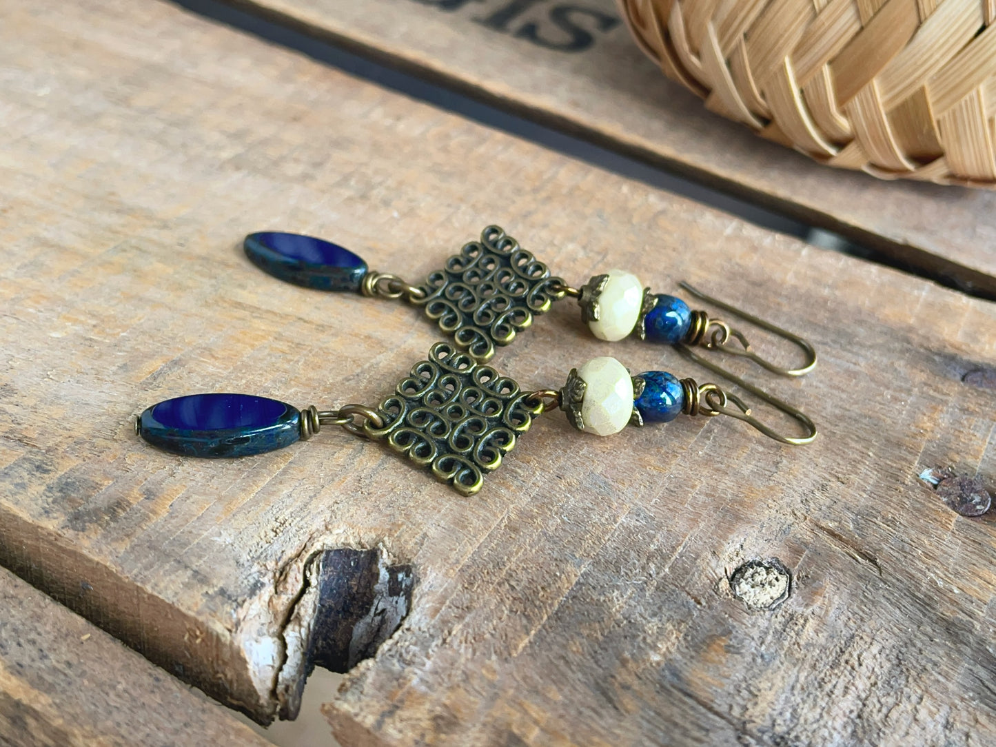 Navy Blue Czech Glass Marquise Earrings | Long & Elegant Handmade Jewellery