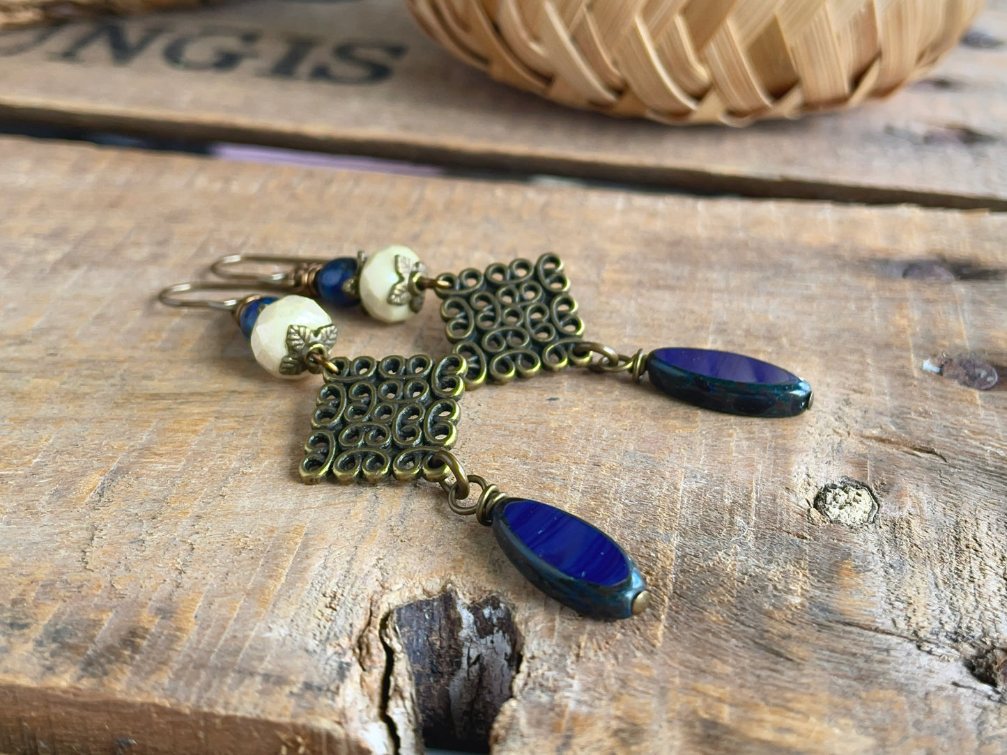 Navy Blue Czech Glass Marquise Earrings | Long & Elegant Handmade Jewellery