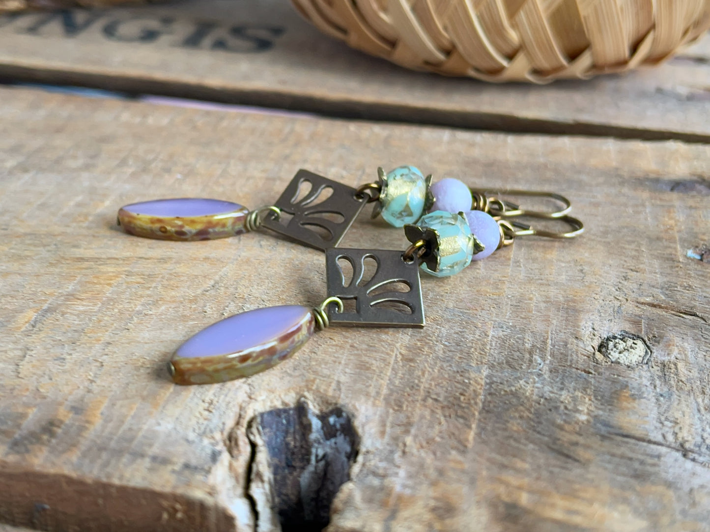 Lilac Czech Glass Earrings. Brass Fleur-de-Lys Jewellery. Lightweight Handmade Bohemian Design
