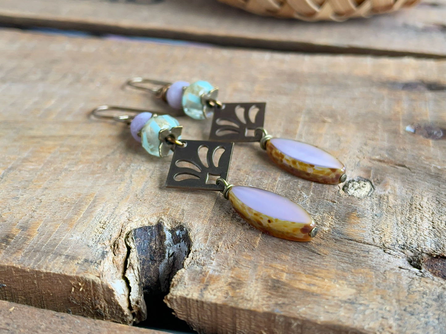 Lilac Czech Glass Earrings. Brass Fleur-de-Lys Jewellery. Lightweight Handmade Bohemian Design
