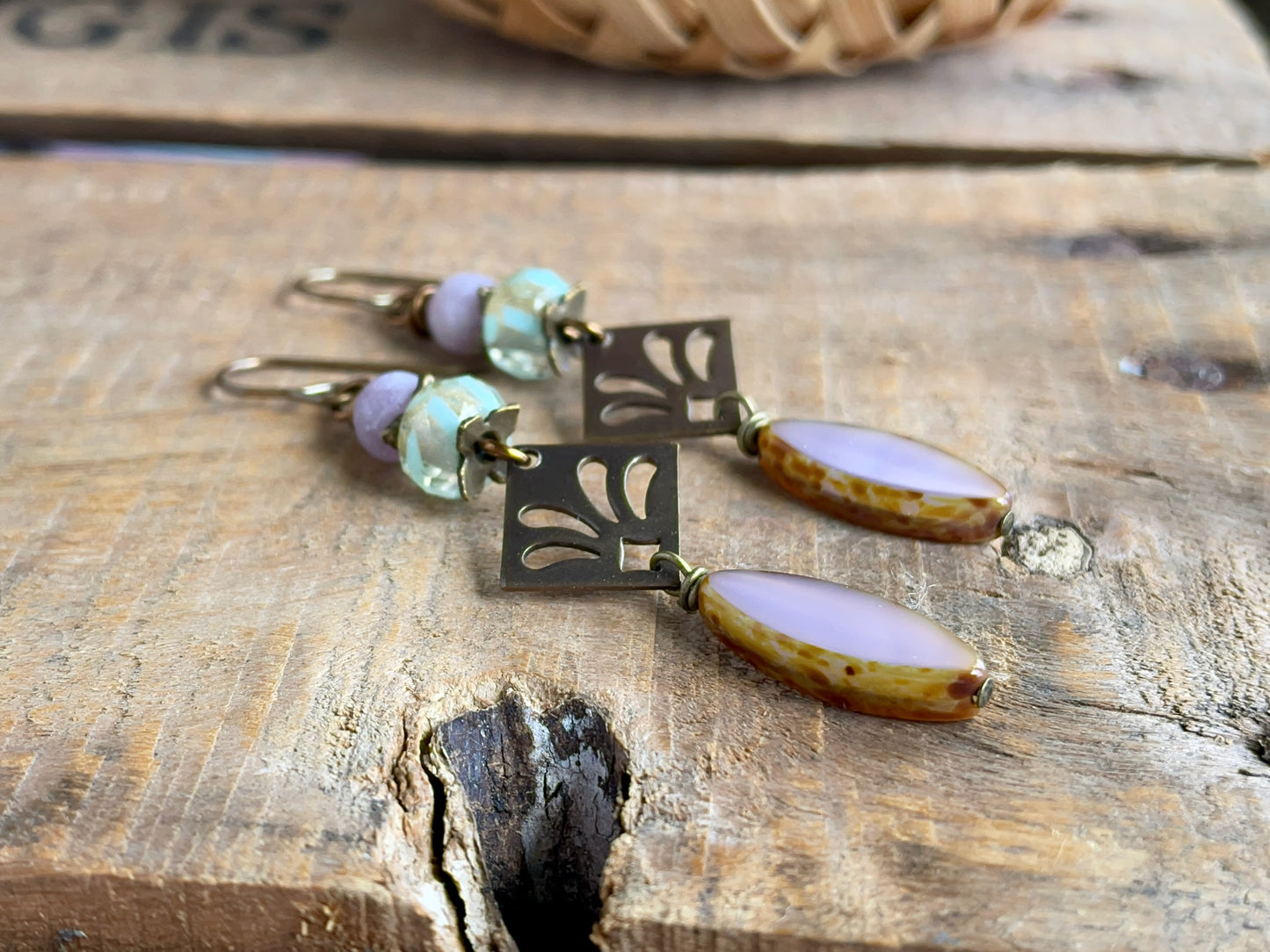 Lilac Czech Glass Earrings. Brass Fleur-de-Lys Jewellery. Lightweight Handmade Bohemian Design