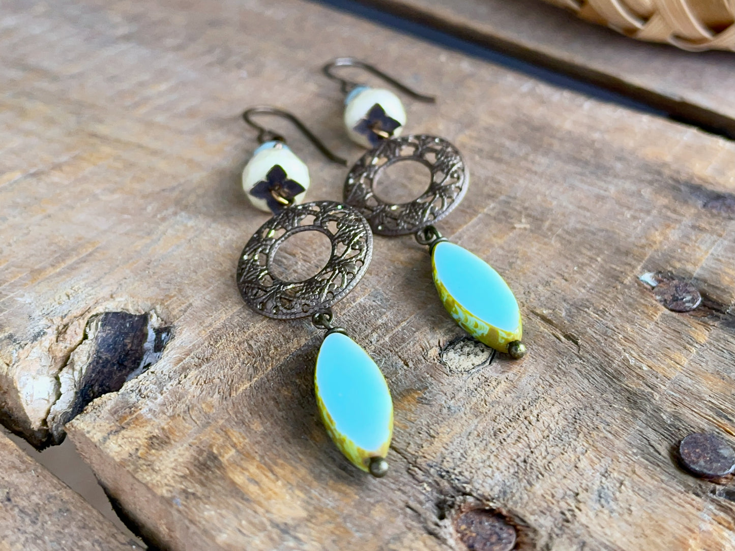 Aqua Blue Czech Glass Marquise Earrings. Bohemian Style Brass Filigree Jewellery