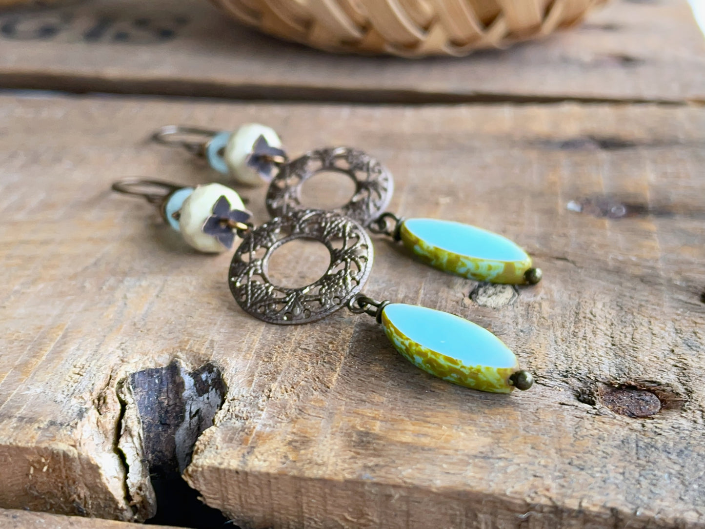 Aqua Blue Czech Glass Marquise Earrings. Bohemian Style Brass Filigree Jewellery