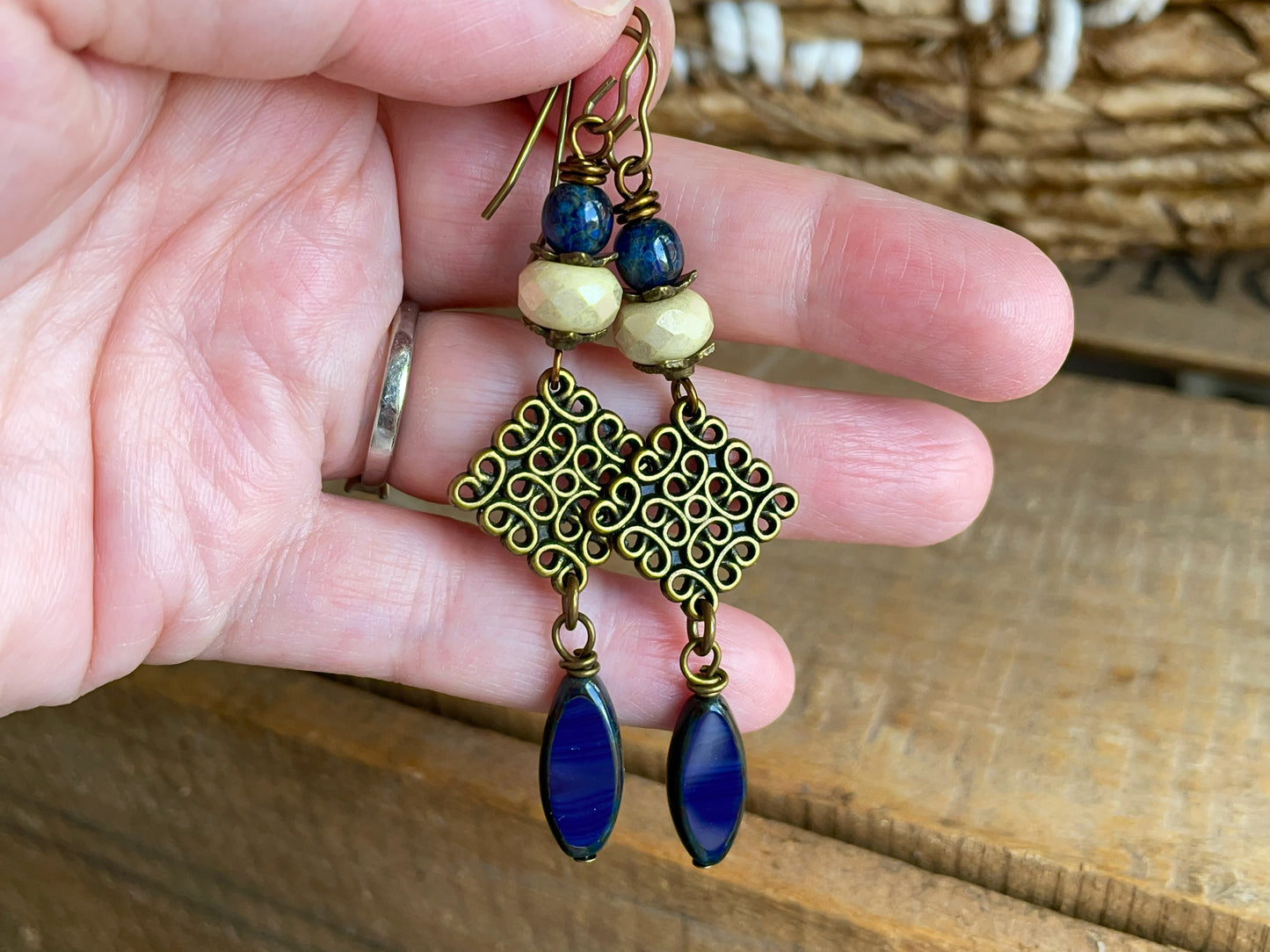 Navy Blue Czech Glass Marquise Earrings | Long & Elegant Handmade Jewellery