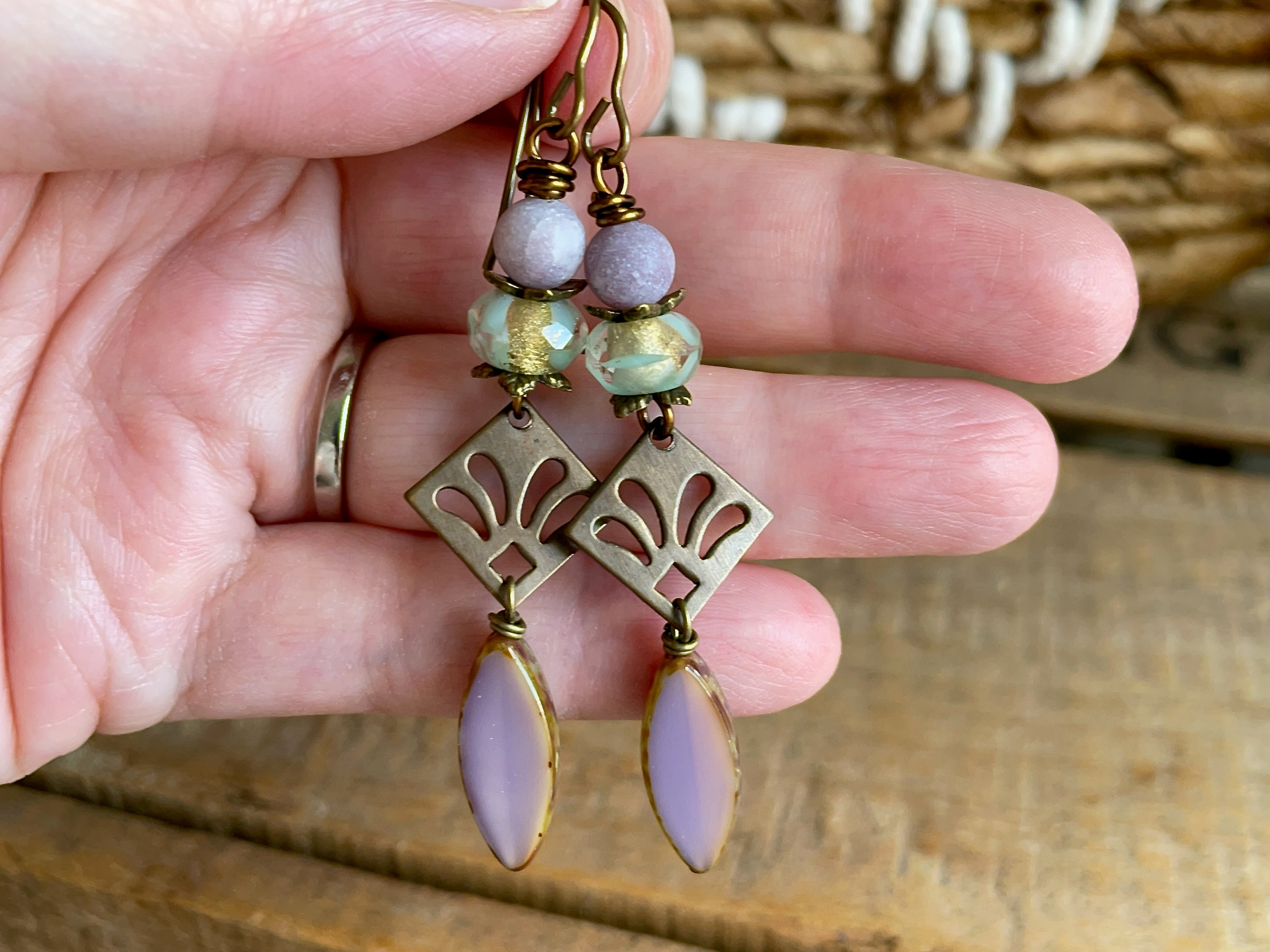 Lilac Czech Glass Earrings. Brass Fleur-de-Lys Jewellery