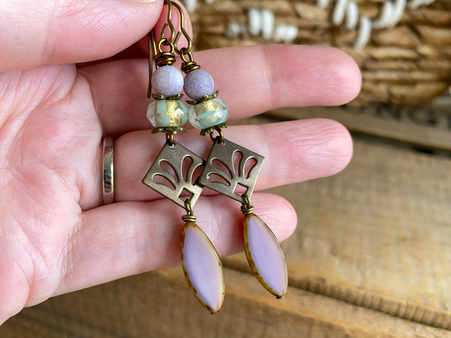 Lilac Czech Glass Earrings. Brass Fleur-de-Lys Jewellery. Lightweight Handmade Bohemian Design