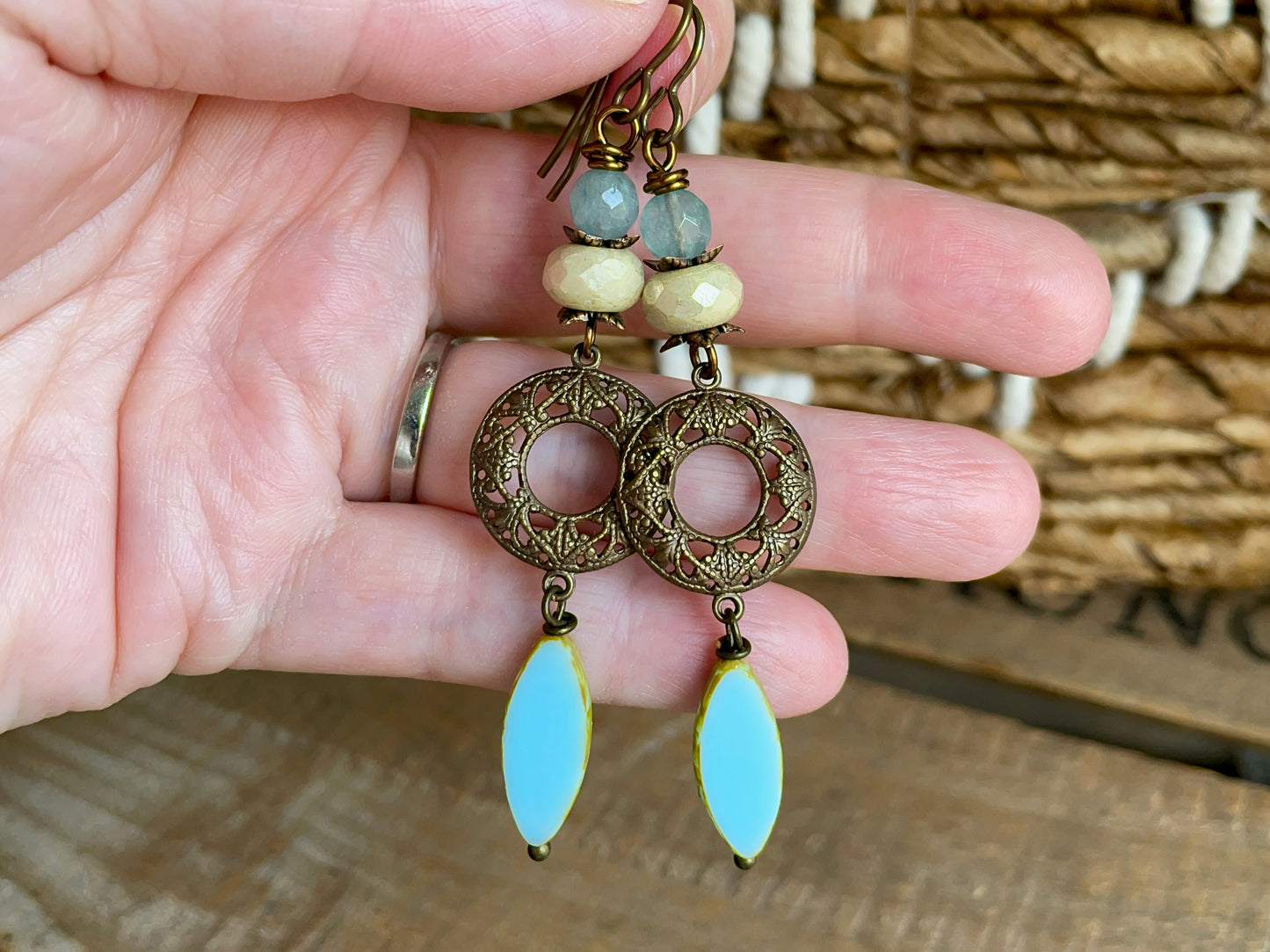 Aqua Blue Czech Glass Marquise Earrings. Bohemian Style Brass Filigree Jewellery