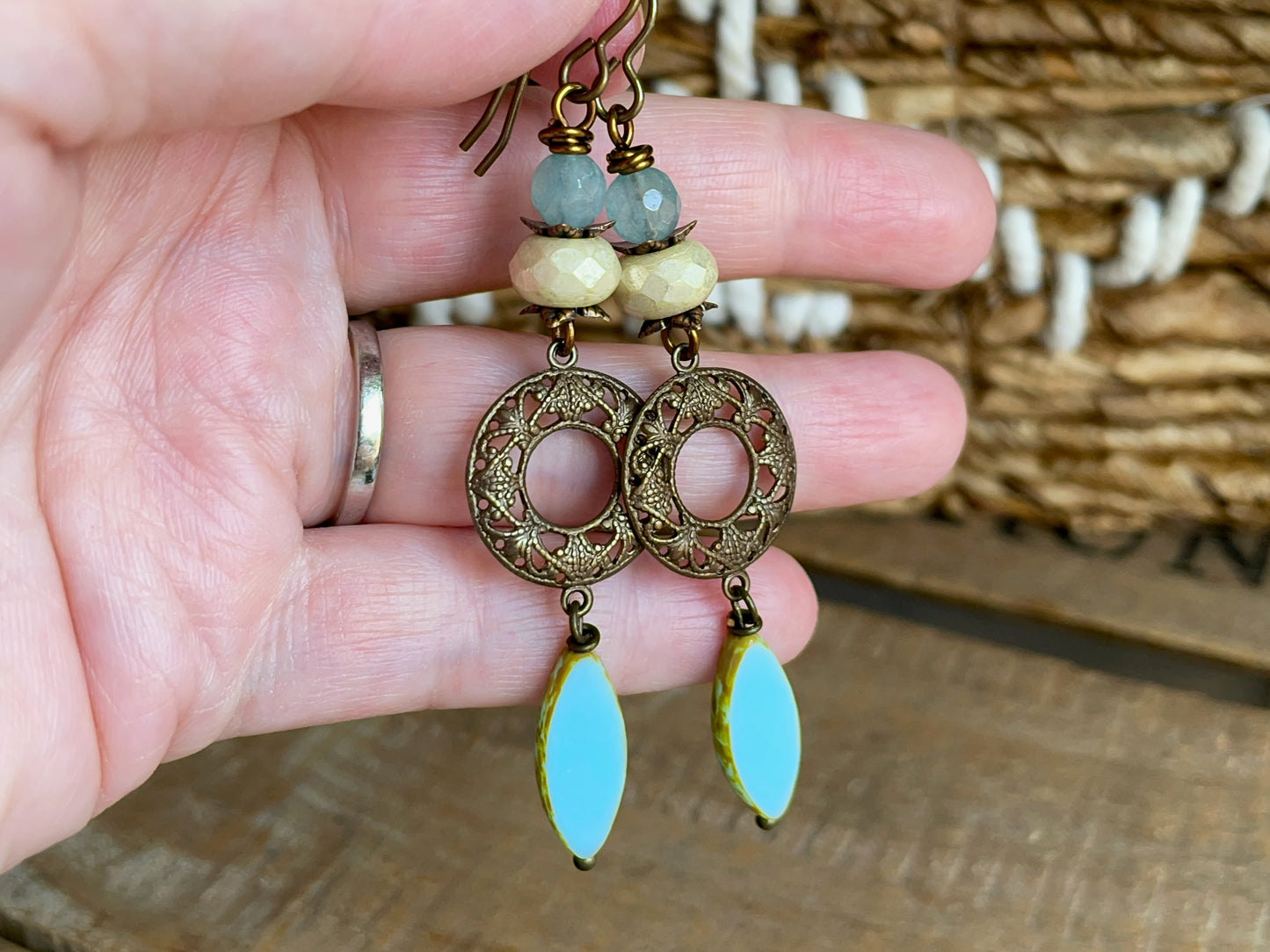 Aqua Blue Czech Glass Marquise Earrings. Bohemian Style Brass Filigree Jewellery