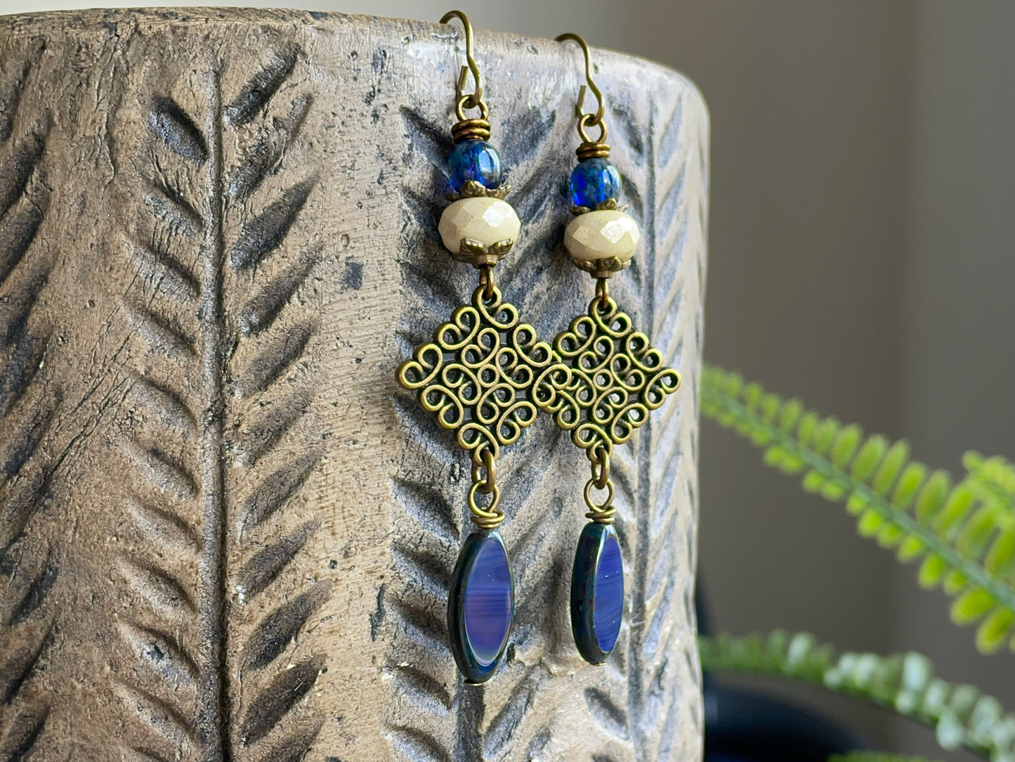 Navy Blue Czech Glass Marquise Earrings | Long & Elegant Handmade Jewellery