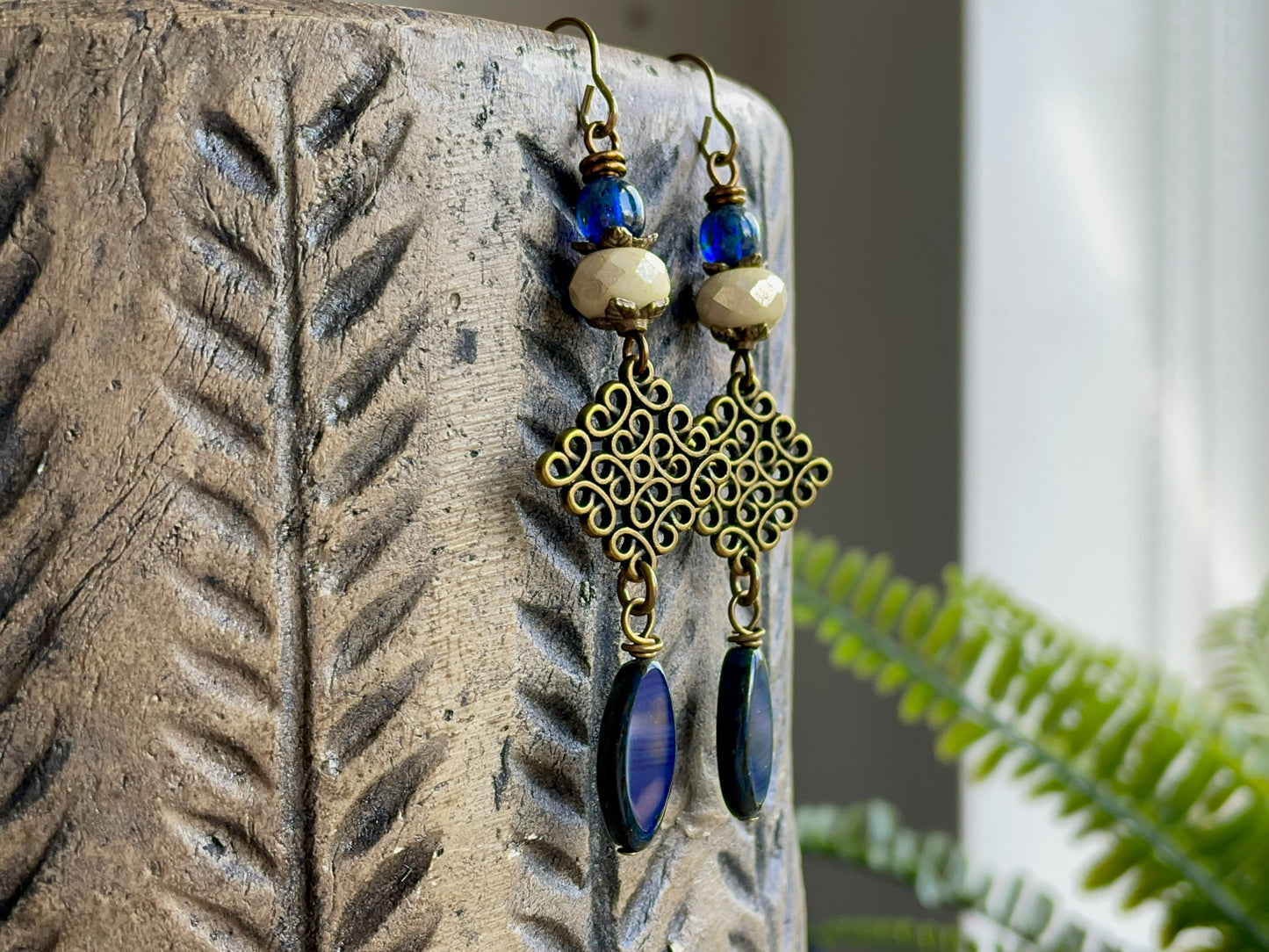 Navy Blue Czech Glass Marquise Earrings | Long & Elegant Handmade Jewellery