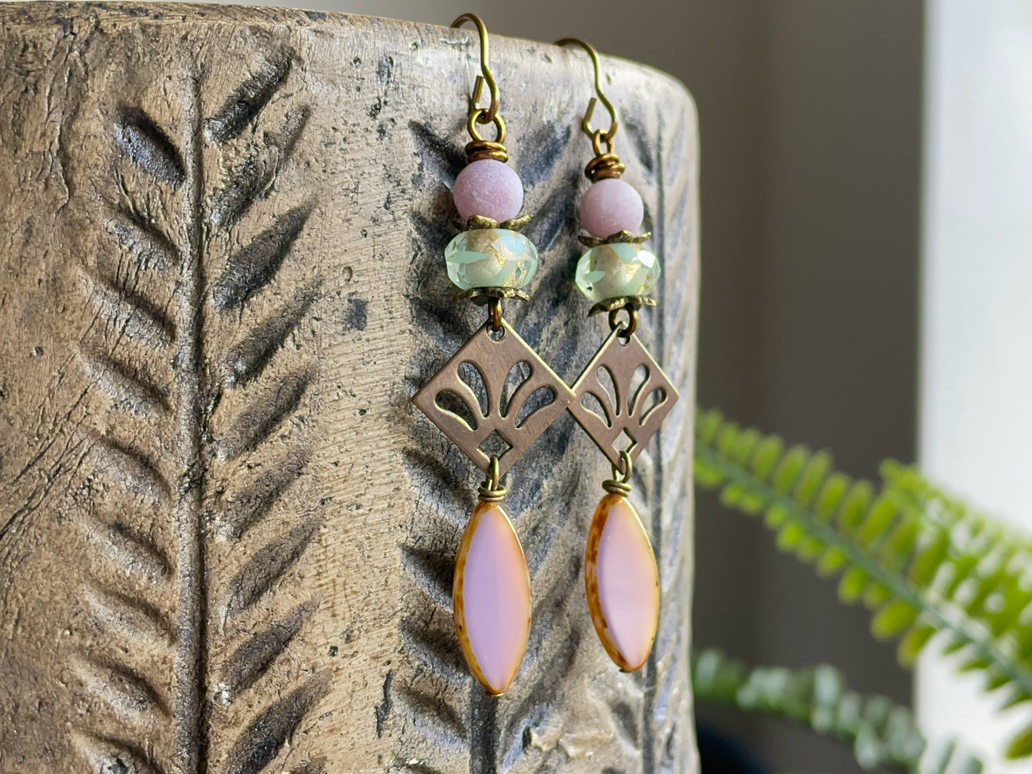 Lilac Czech Glass Earrings. Brass Fleur-de-Lys Jewellery. Lightweight Handmade Bohemian Design