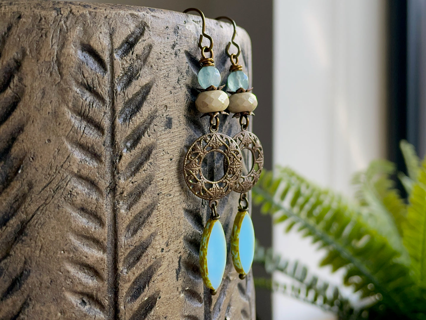 Aqua Blue Czech Glass Marquise Earrings. Bohemian Style Brass Filigree Jewellery