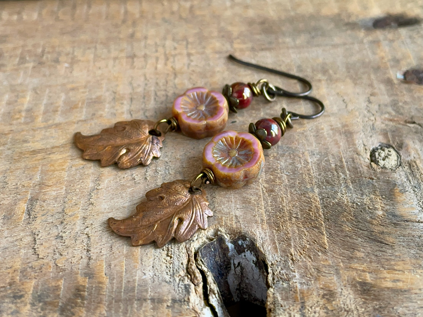 Rustic Autumn Leaf Earrings with Czech Glass Flowers & Copper Leaves | Nature Inspired Jewellery