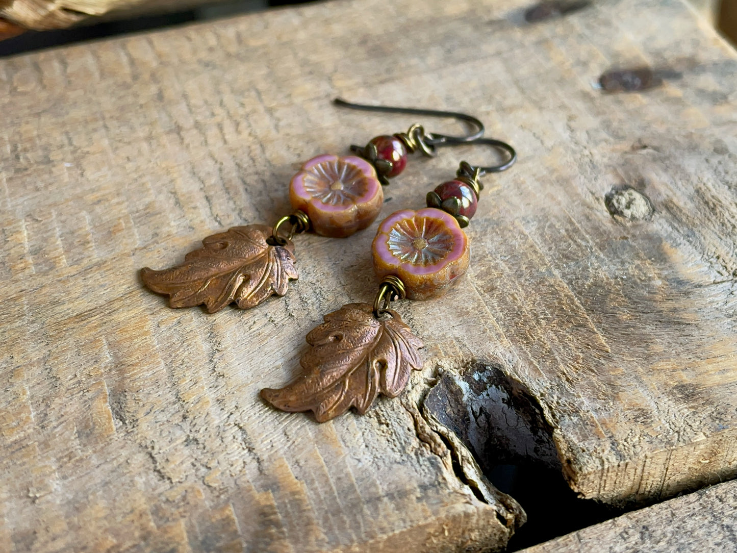 Rustic Autumn Leaf Earrings with Czech Glass Flowers & Copper Leaves | Nature Inspired Jewellery