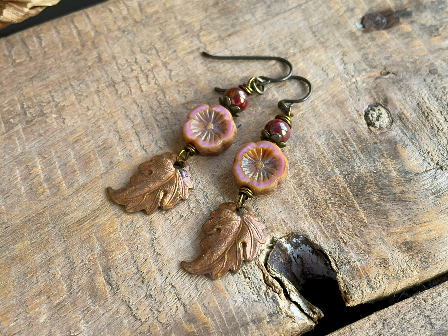 Rustic Autumn Leaf Earrings with Czech Glass Flowers & Copper Leaves | Nature Inspired Jewellery