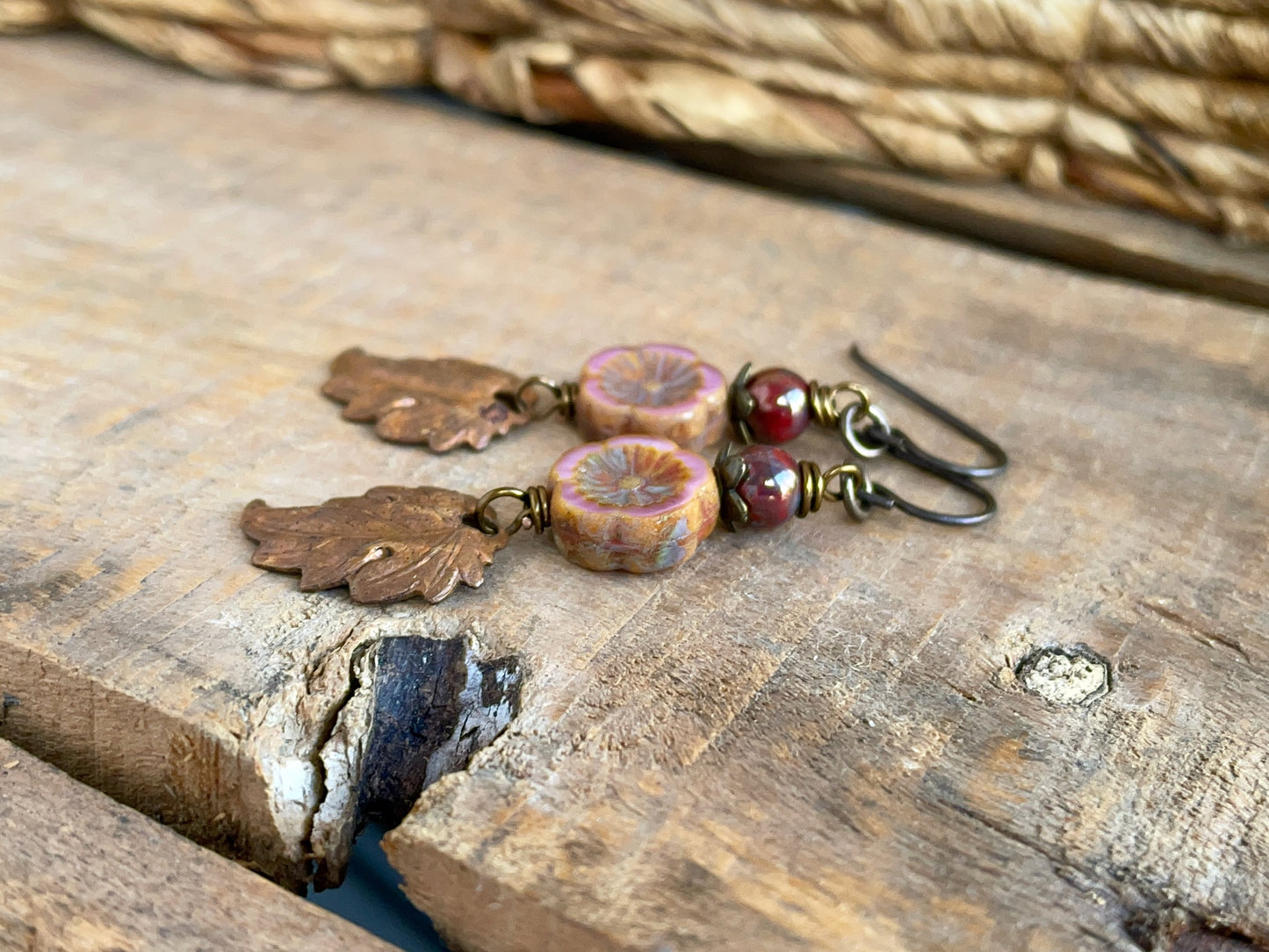 Rustic Autumn Leaf Earrings with Czech Glass Flowers & Copper Leaves | Nature Inspired Jewellery