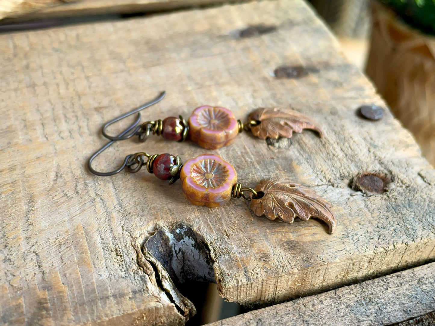 Rustic Autumn Leaf Earrings with Czech Glass Flowers & Copper Leaves | Nature Inspired Jewellery